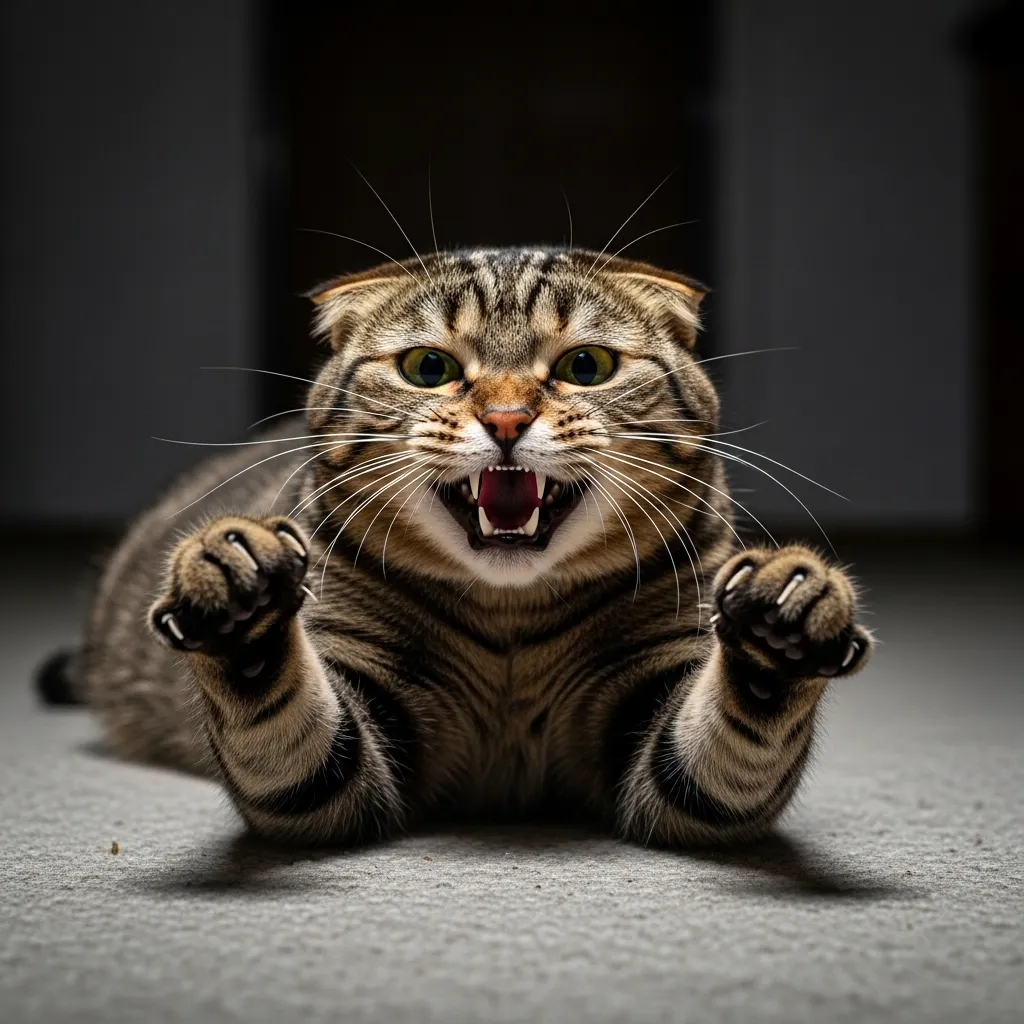 Cat showing defensive body language with flattened ears and tense belly.