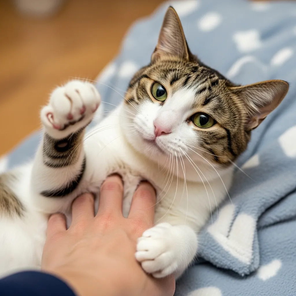 Cat swatting hand during belly rub, indicating overstimulation or discomfort.