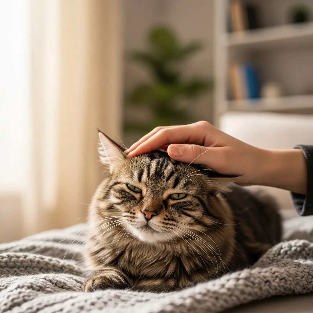 Person petting cat’s head, building trust through gentle interaction.