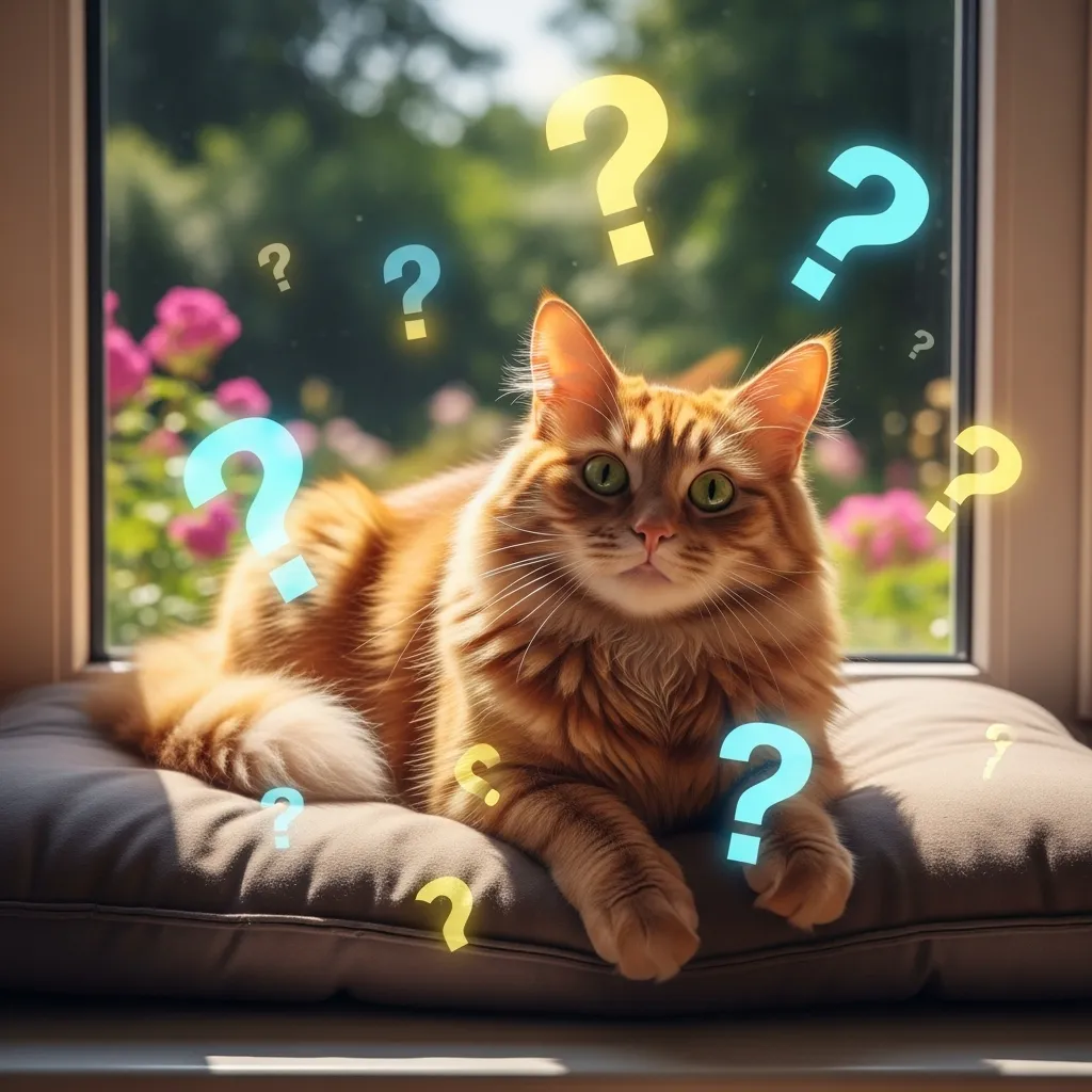 Curious cat lounging with question marks, representing cat belly rub FAQs.