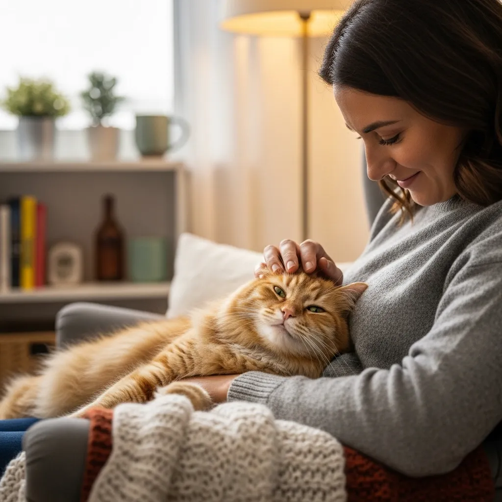  Cat and owner bonding through gentle petting, showcasing trust and affection.