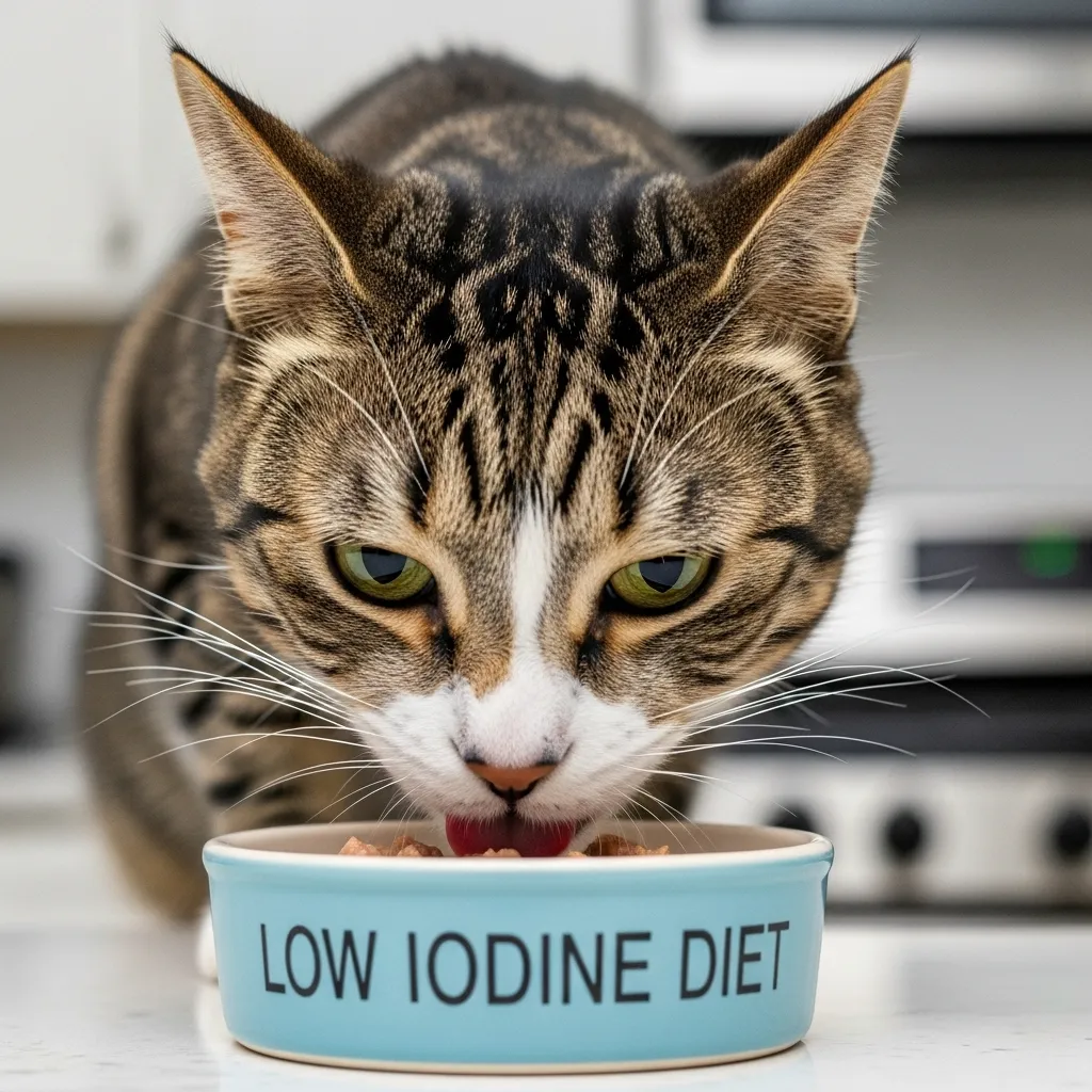Senior cat eating wet food from a bowl labeled for hyperthyroidism diet.