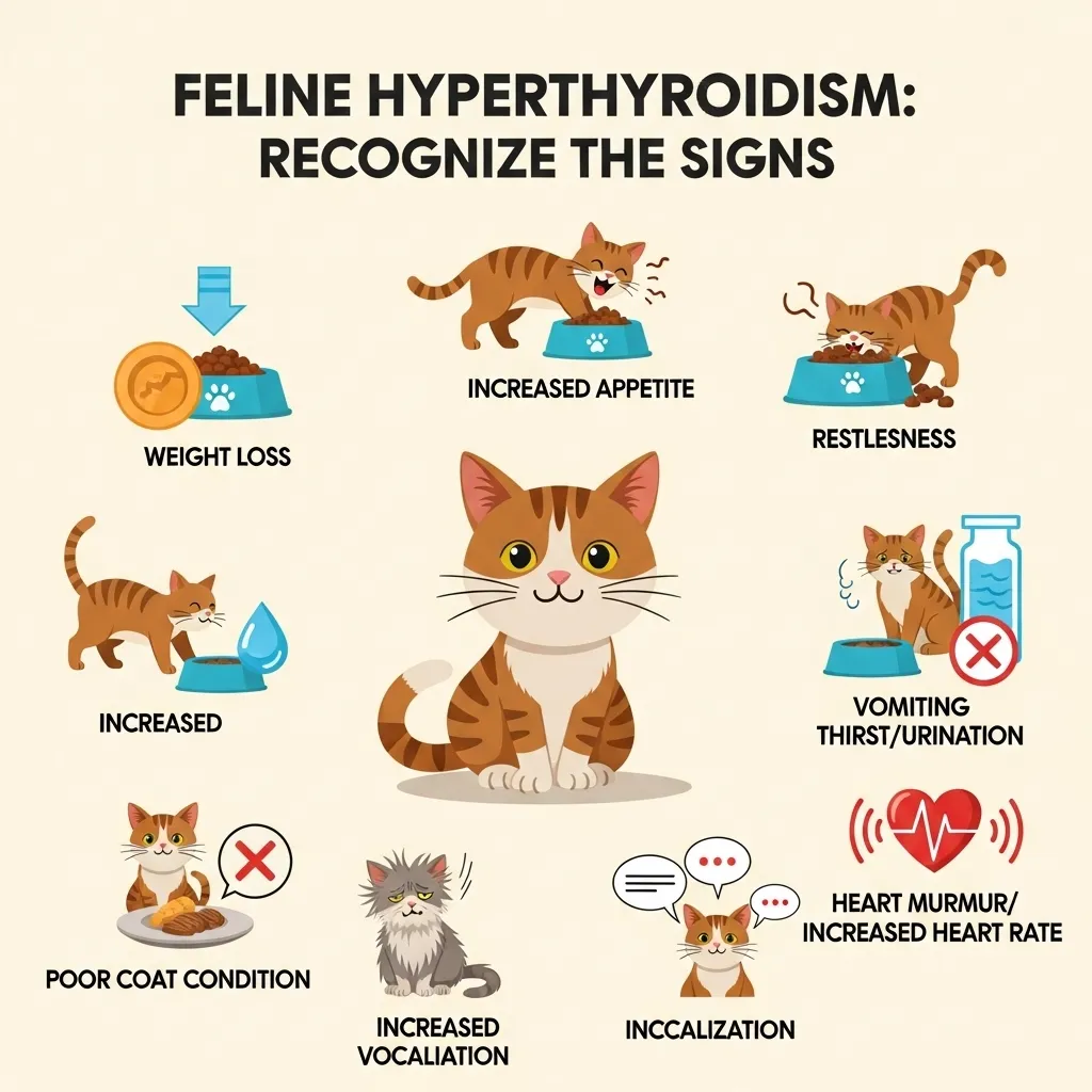  Infographic of hyperthyroidism symptoms in cats, including weight loss and increased appetite.