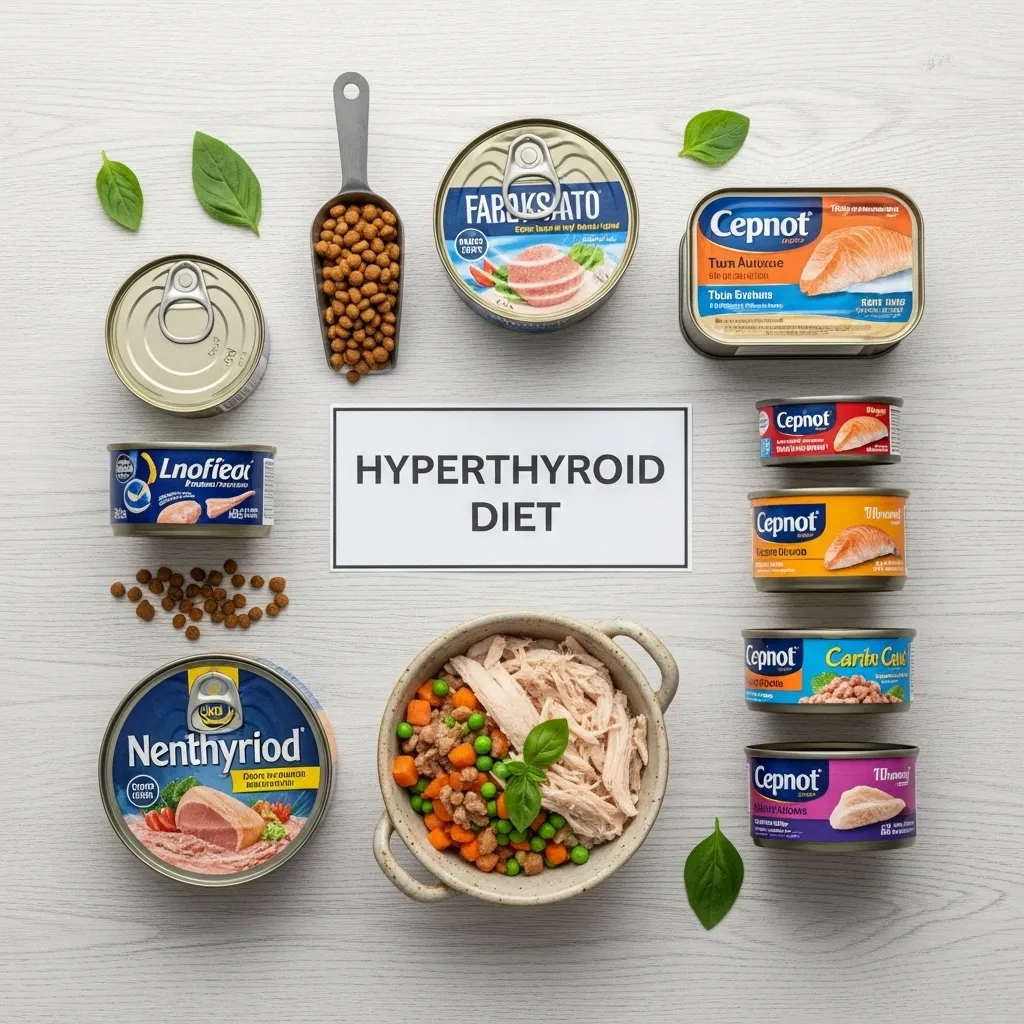 Variety of cat foods for hyperthyroidism, including wet, dry, and homemade options.