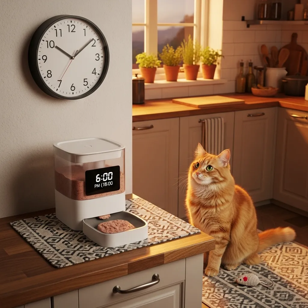 Automatic cat feeder dispensing wet food for a hyperthyroid cat feeding schedule.