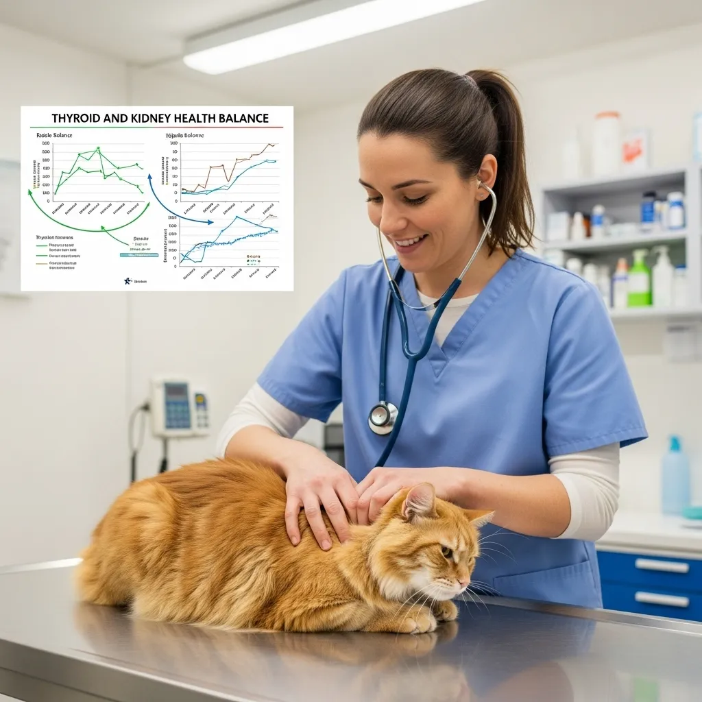 Veterinarian examining a cat with a chart on thyroid and kidney health balance.