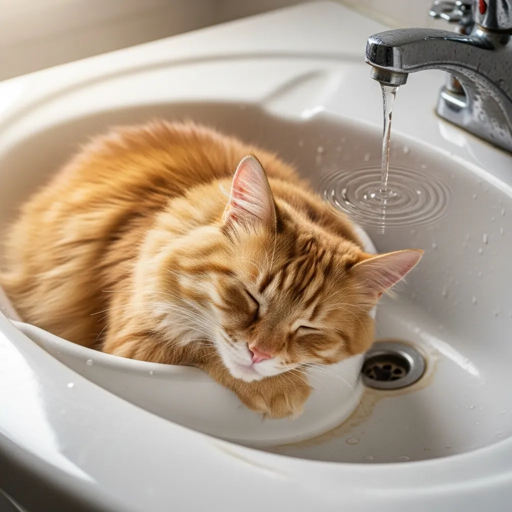Cat sleeps in a bathroom sink, showcasing feline love for cool surfaces.