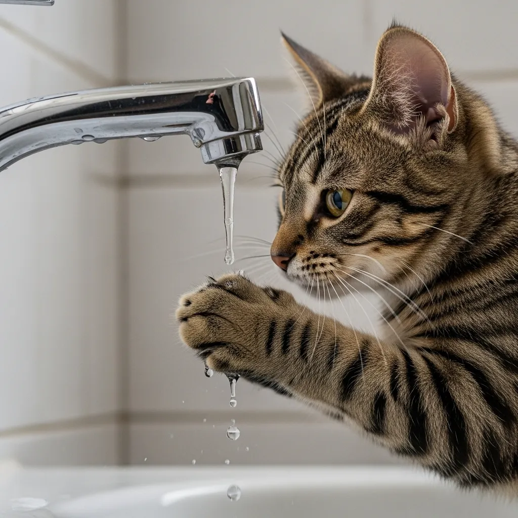 Cat fascinated by a dripping faucet, showing their love for running water.