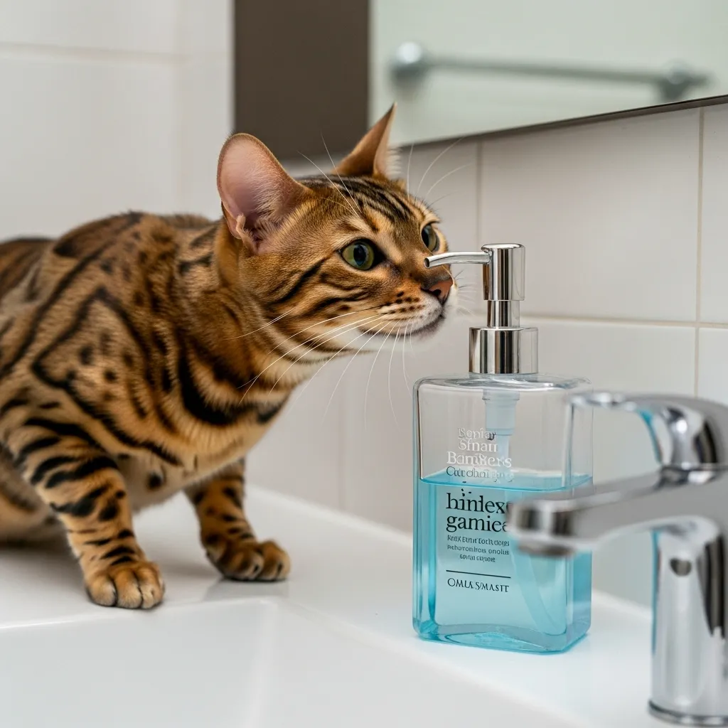 Bengal cat investigating bathroom counter, driven by feline curiosity.