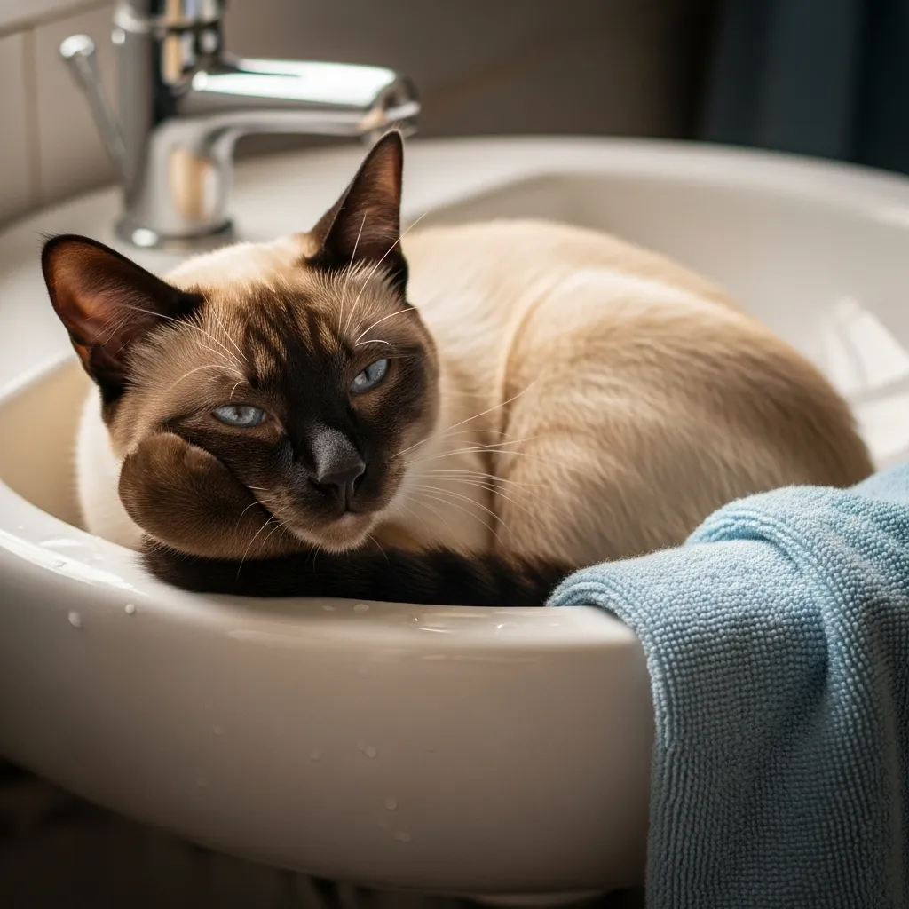 Siamese cat napping in a bathroom sink, a favorite feline perch.