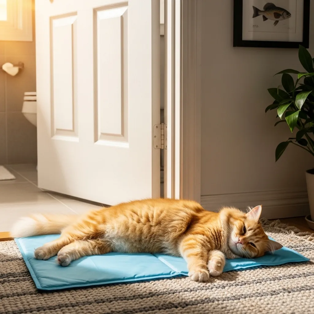 Cat on a cooling mat, a safe alternative to bathroom sleeping spots.