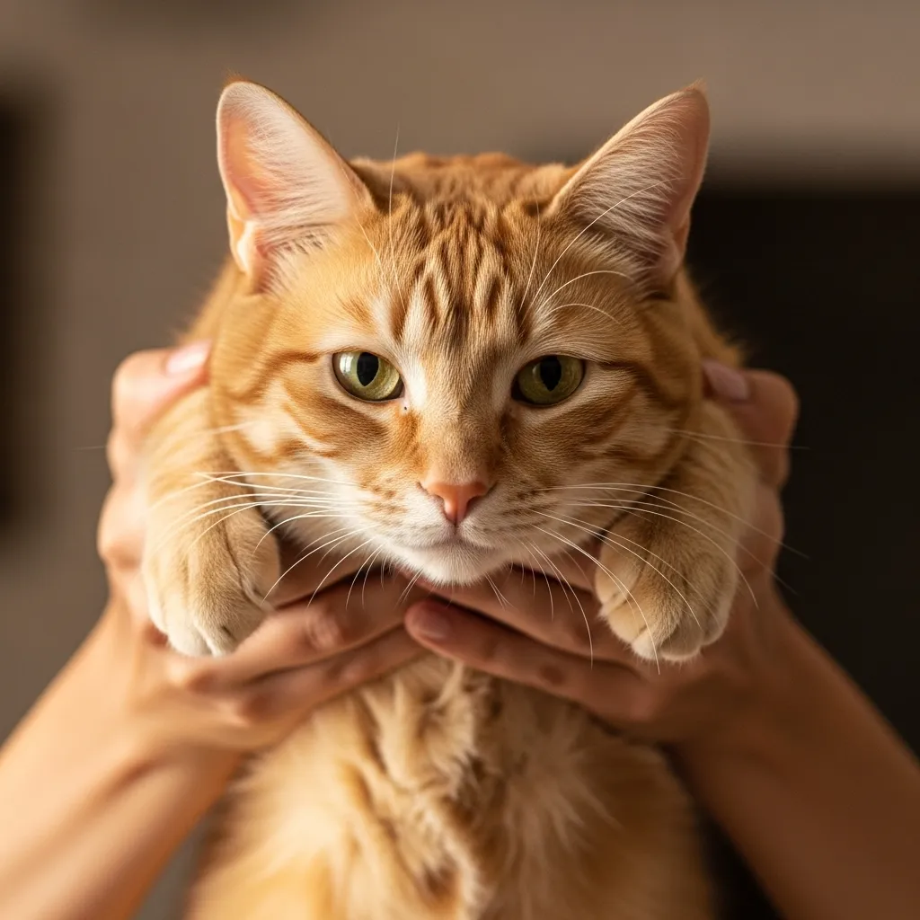 Happy cat being gently lifted, showing relaxed cat body language with slow blinks and upright ears.