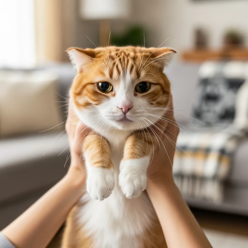 Cat showing cat discomfort signs with flattened ears while being lifted, highlighting the need for gentle handling.