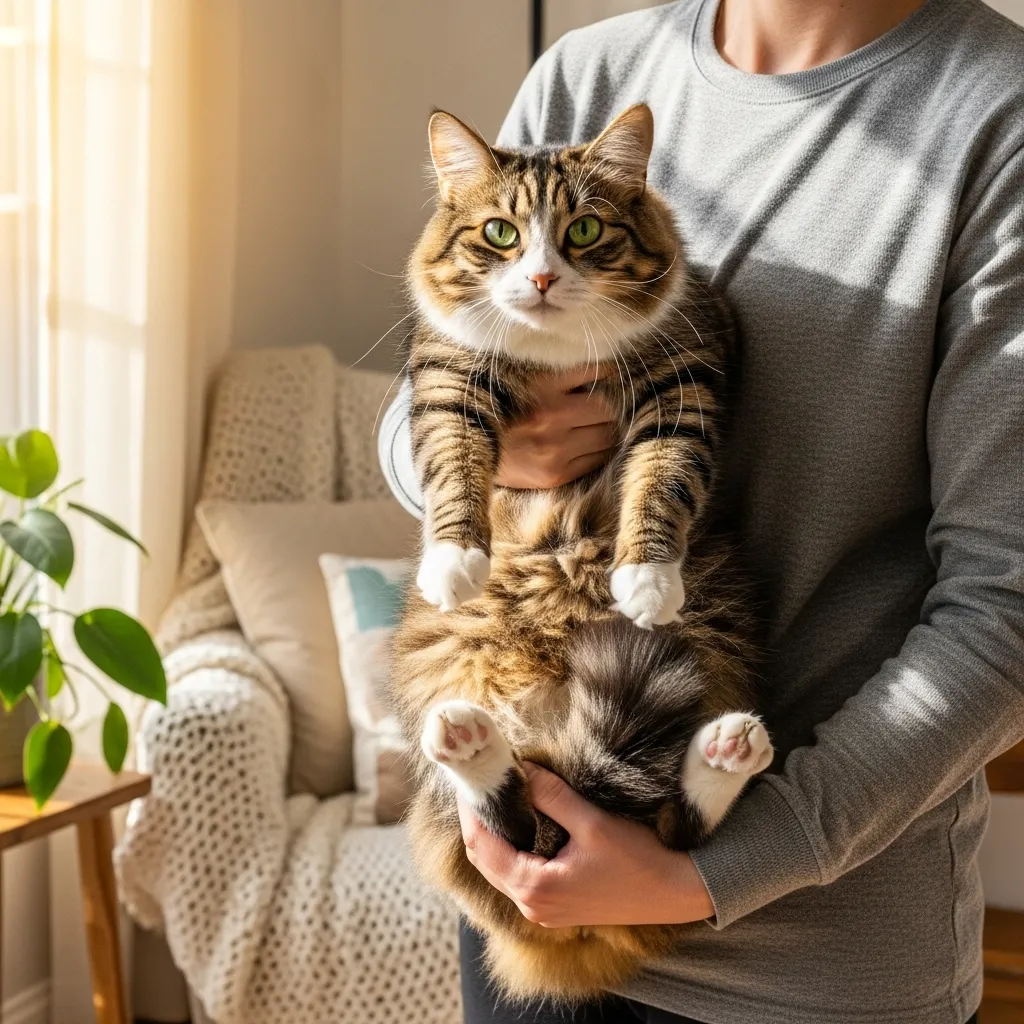  Person demonstrating picking up cats safely with proper hand placement under chest and hindquarters.