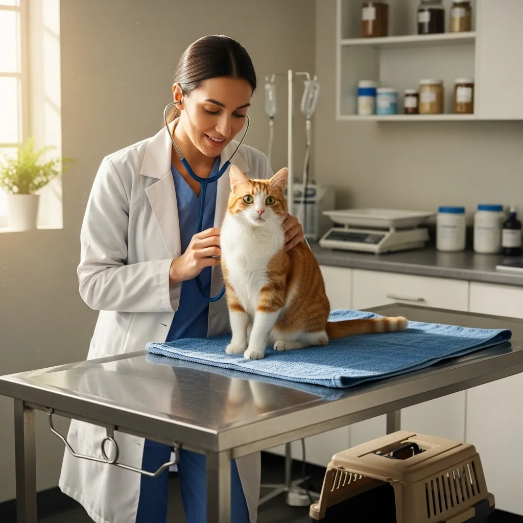  Cat at vet visit for cat discomfort signs, being gently examined to rule out health issues causing squeaking.