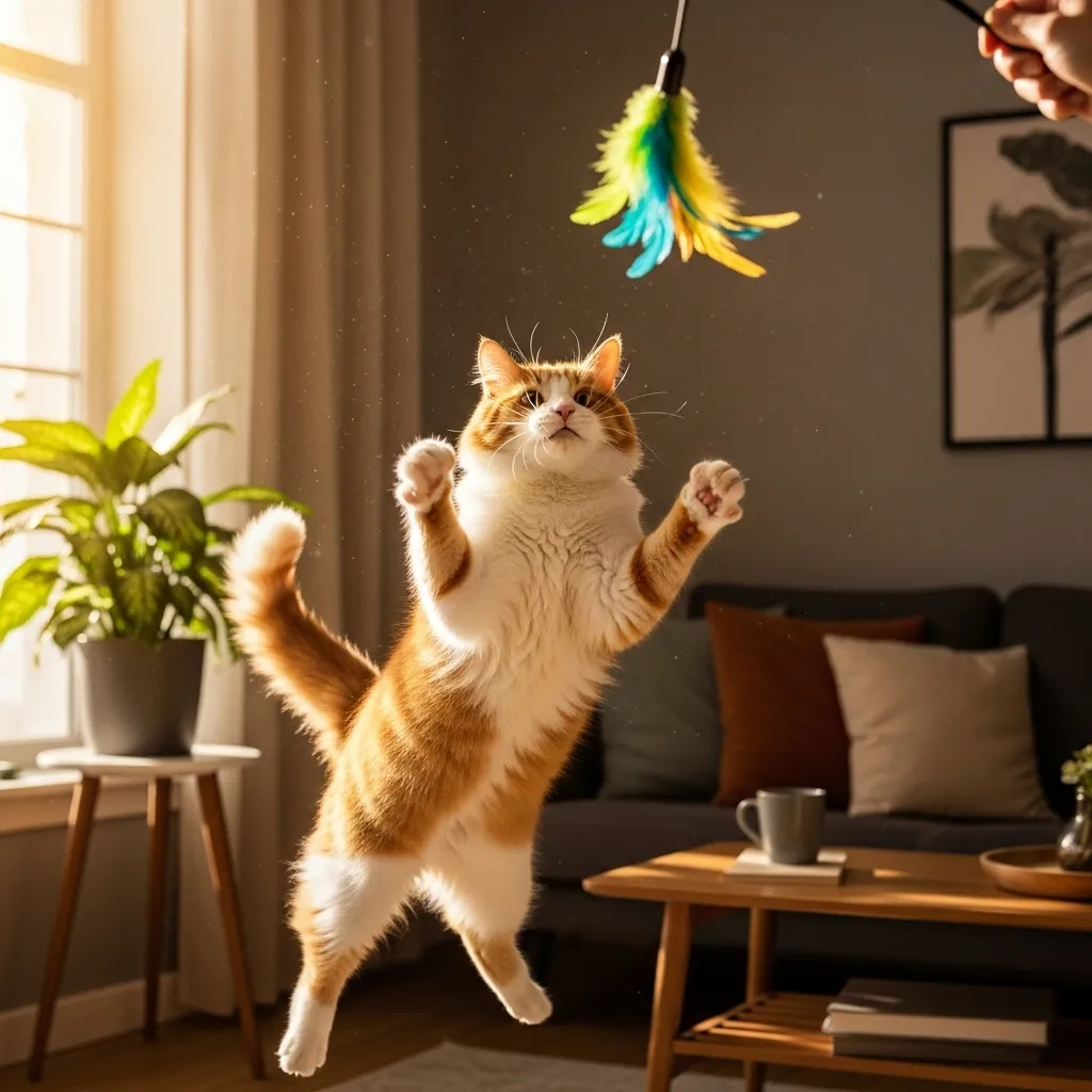 Cat enjoying cat bonding through play with a feather wand, showing joyful cat body language.