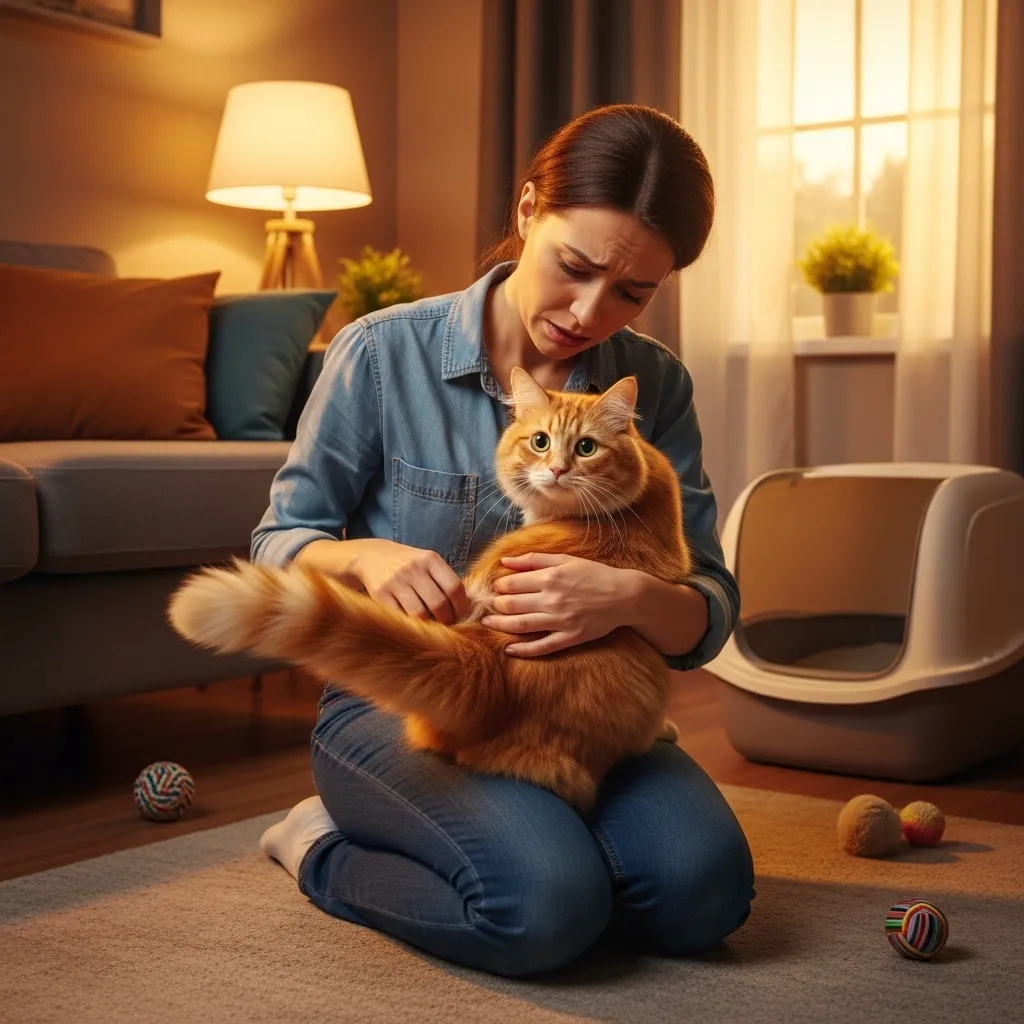 Cat owner checking cat’s tail base for sensitivity in a cozy room, highlighting feline health care.