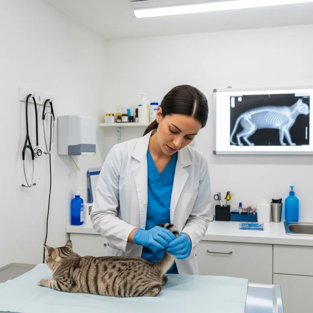 Vet checking cat for tail base pain in a clinic, illustrating diagnosing cat tail issues.