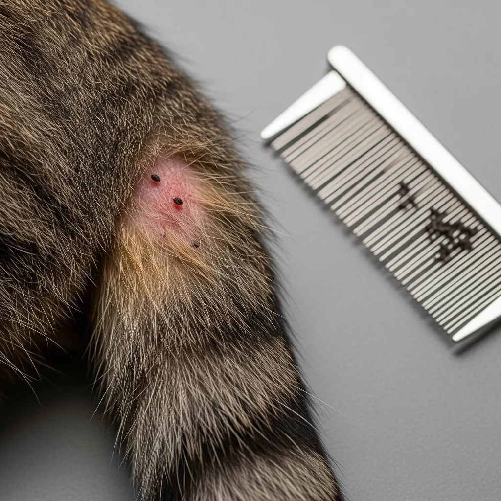 Close-up of cat tail base with redness, highlighting cat tail injury symptoms and grooming issues.