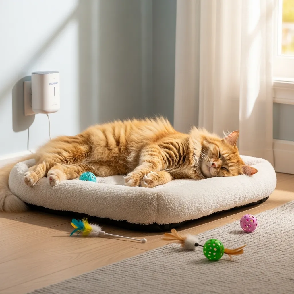 Cat relaxing with Feliway diffuser, showing how to comfort a cat in pain with a stress-free setup.