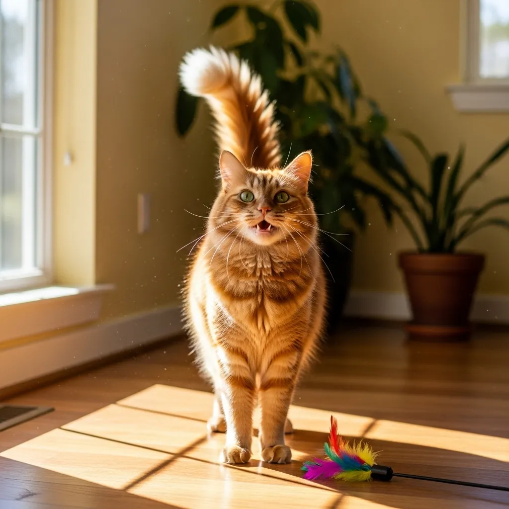 Cat with tail up response, illustrating positive cat tail behavior meaning in a sunny setting.