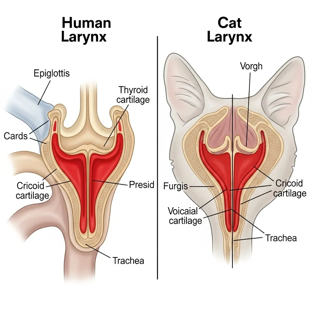 Why Is My Cat's Voice Hoarse 2 Diagram of cat larynx function vs. human larynx for hoarse voice causes.