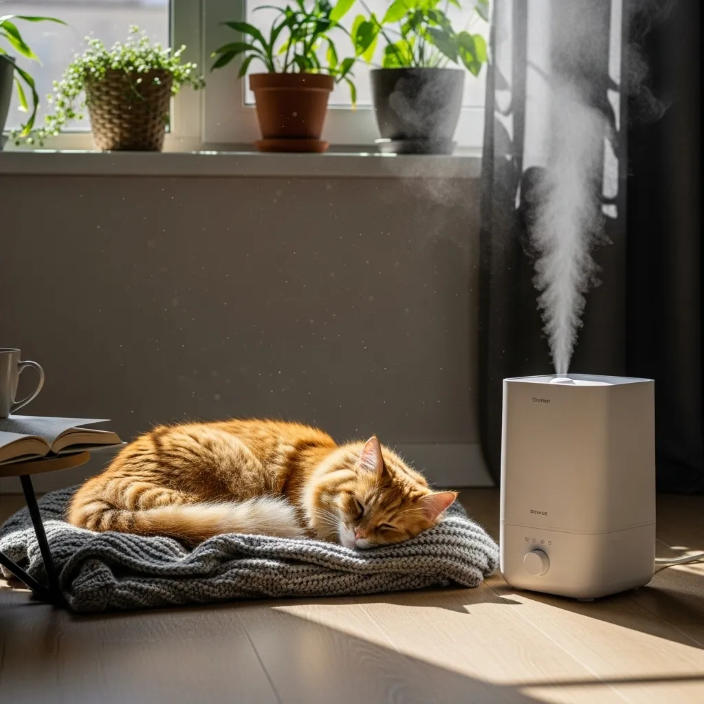 Why Is My Cat's Voice Hoarse 5 Cat recovering from hoarse voice with a humidifier for throat relief.