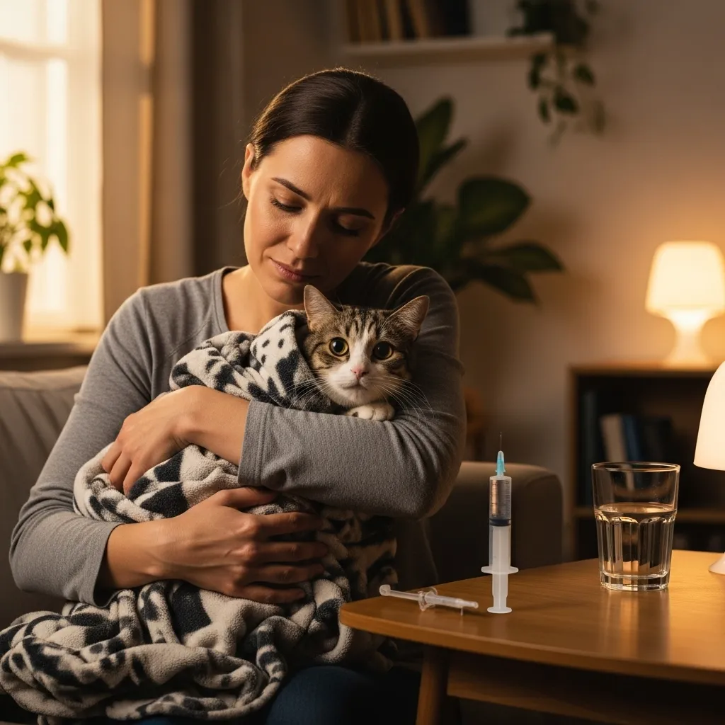 Cat owner preparing to hydrate a cat with a syringe in a calm setting.