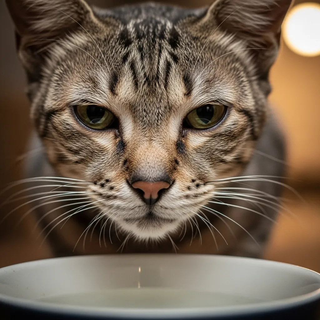 Dehydrated cat showing sunken eyes and dry nose near a water bowl.