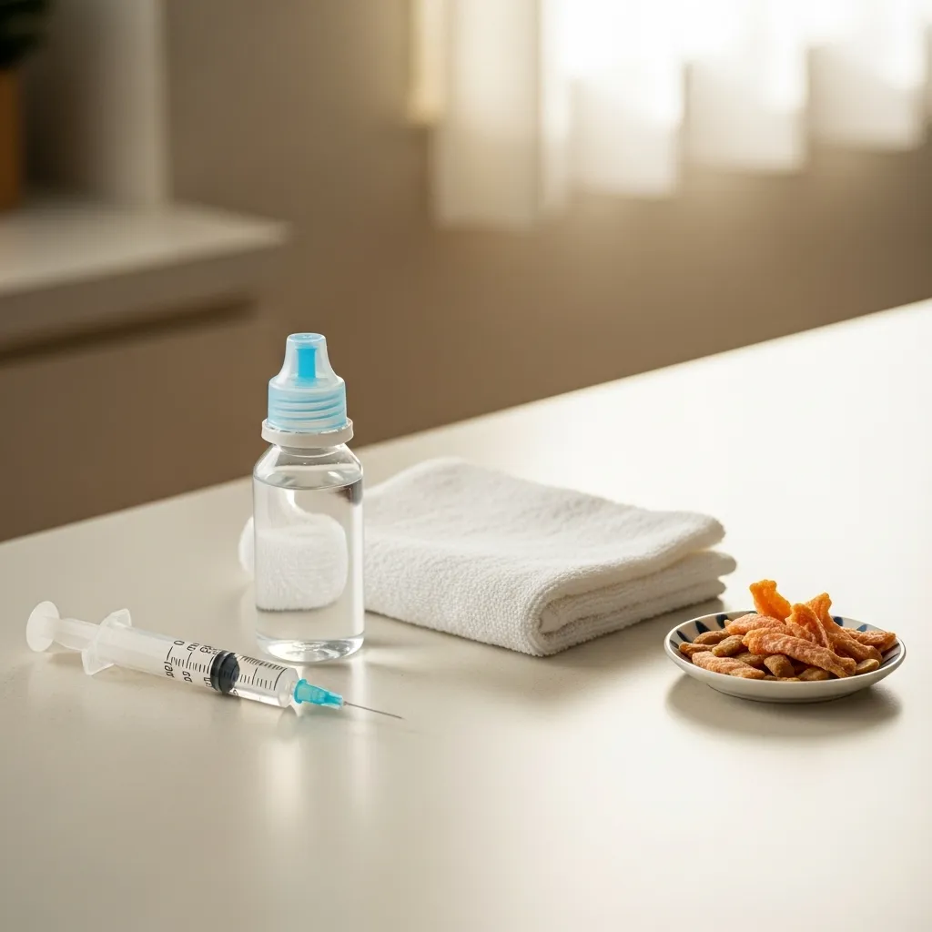  Tools for syringe hydration, including syringe, sterile water, towel, and treats on a counter.