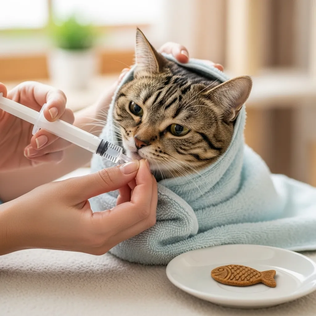  Cat owner syringe feeding water to a relaxed cat wrapped in a towel.
