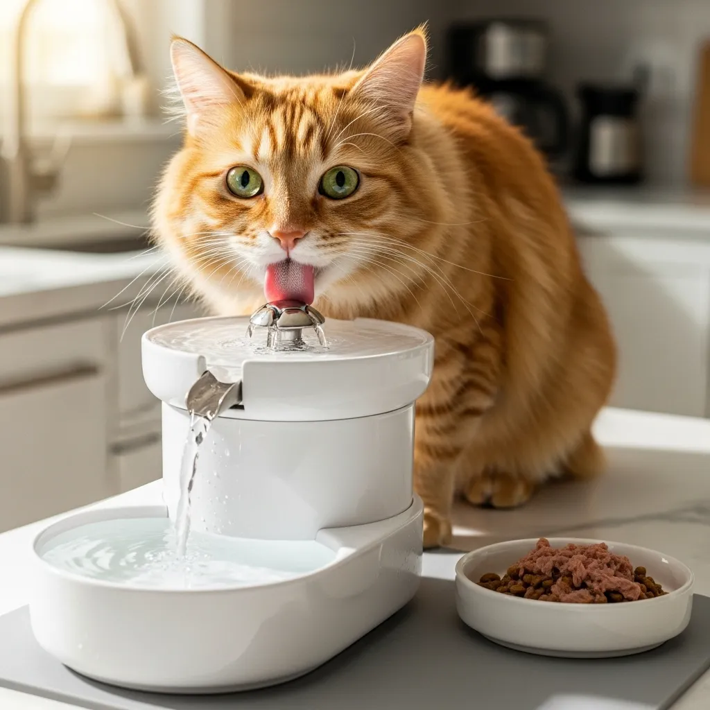 Cat drinking from a water fountain beside wet food, promoting hydration.
