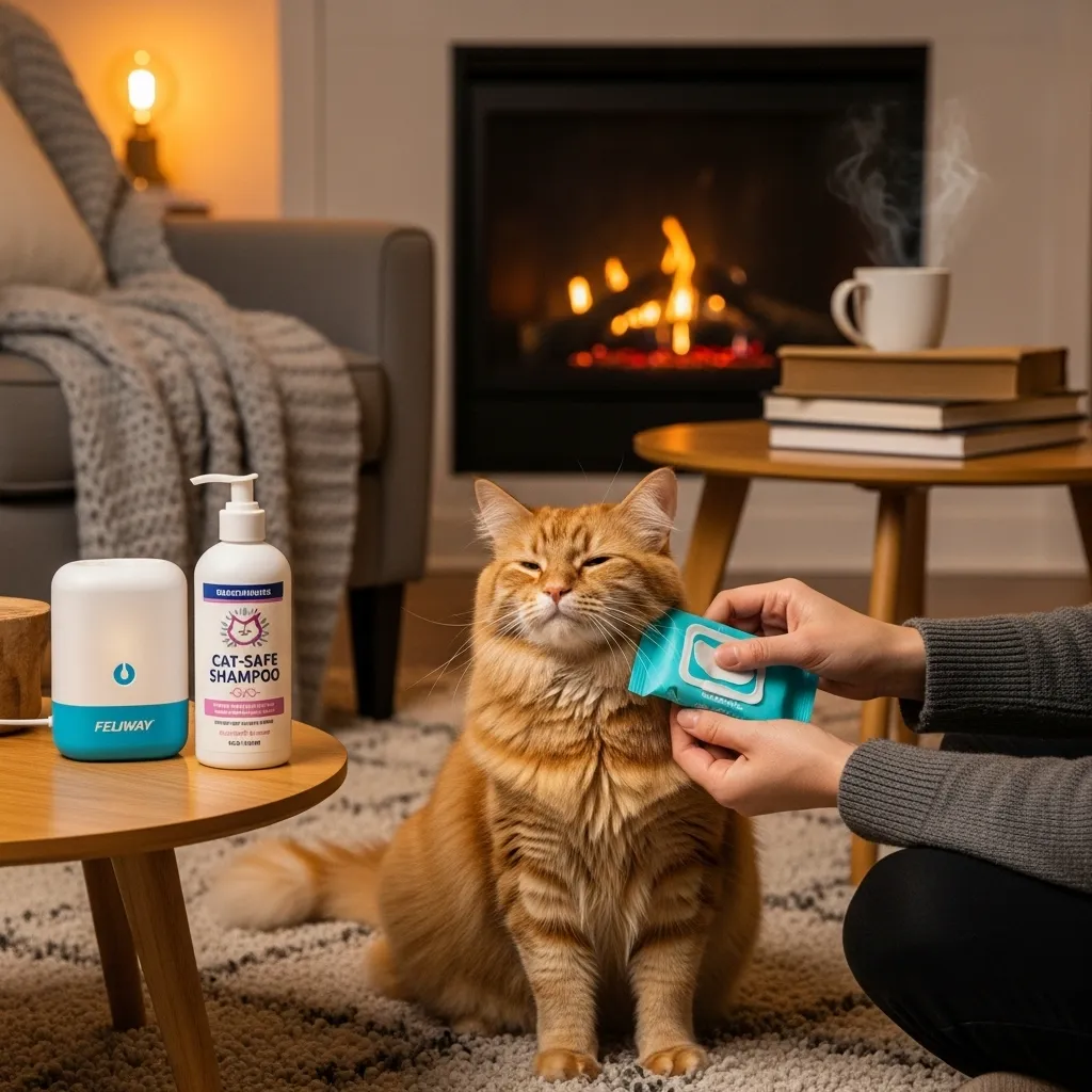 Relaxed cat being cleaned with a pet wipe to remove vet smell in a cozy living room.