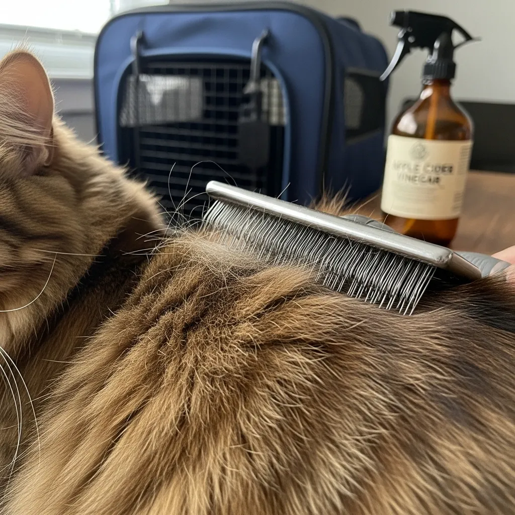 Cat’s fur being brushed to remove vet smell, with carrier and vinegar spray in the background.