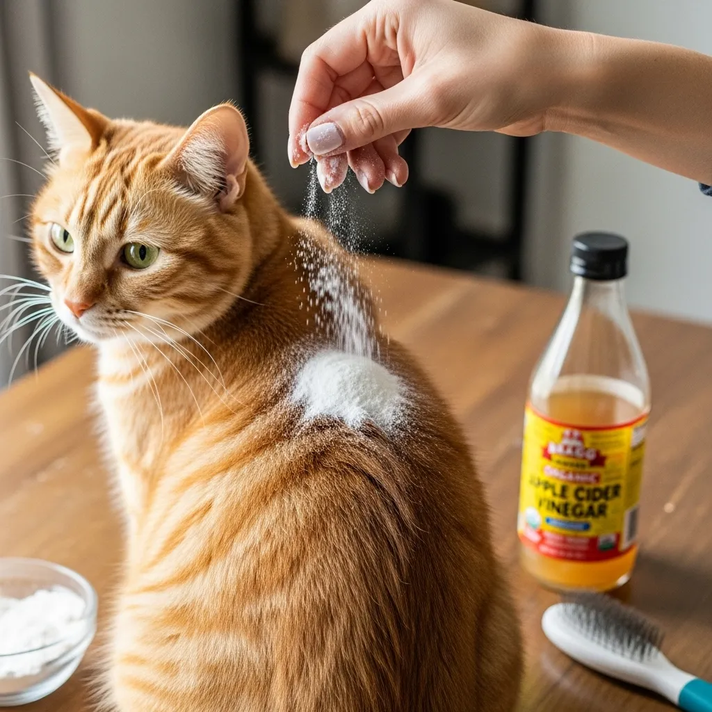 Sprinkling baking soda on a cat’s fur to neutralize vet smell, with vinegar and a brush nearby.