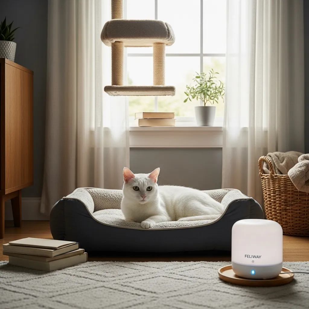 Cat relaxing on a bed with a Feliway diffuser to reduce stress and vet smell.