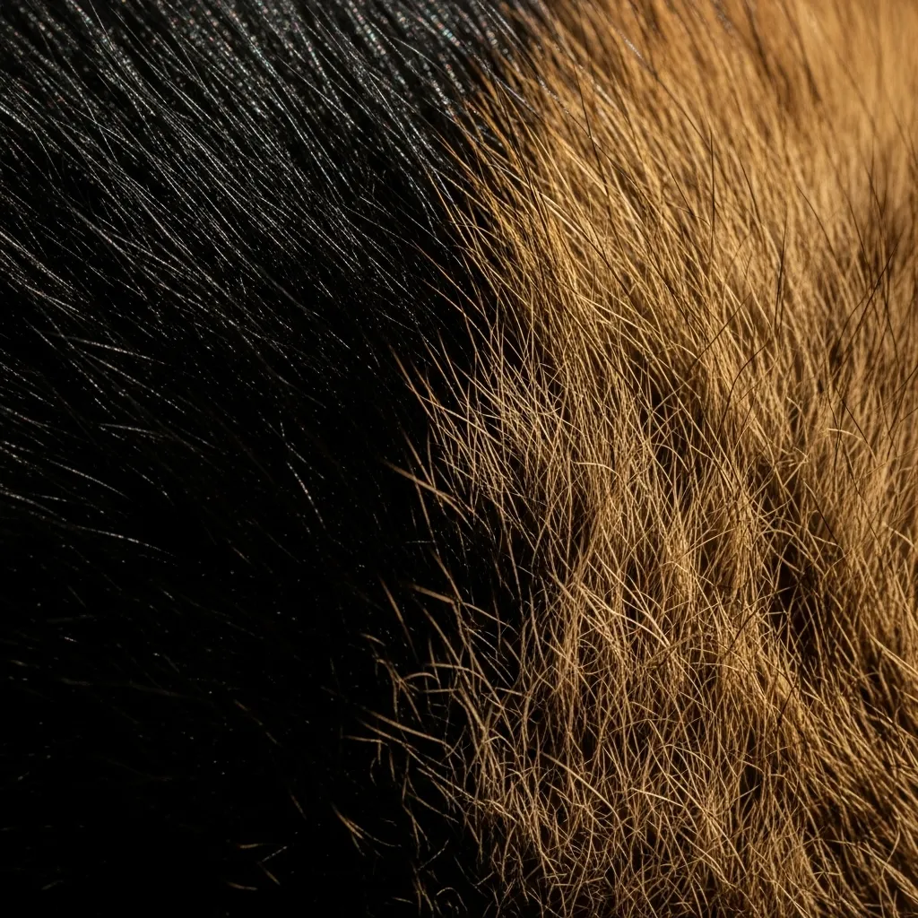 Black cat fur with glossy and brown patches, highlighting melanin in cats and black cat losing color.