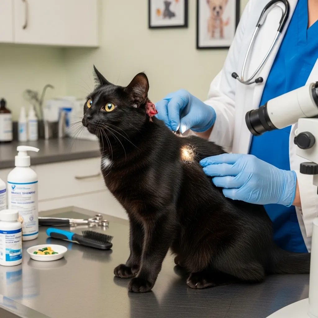 Vet examining a black cat with brown fur, showing black cat brown fur due to health issues