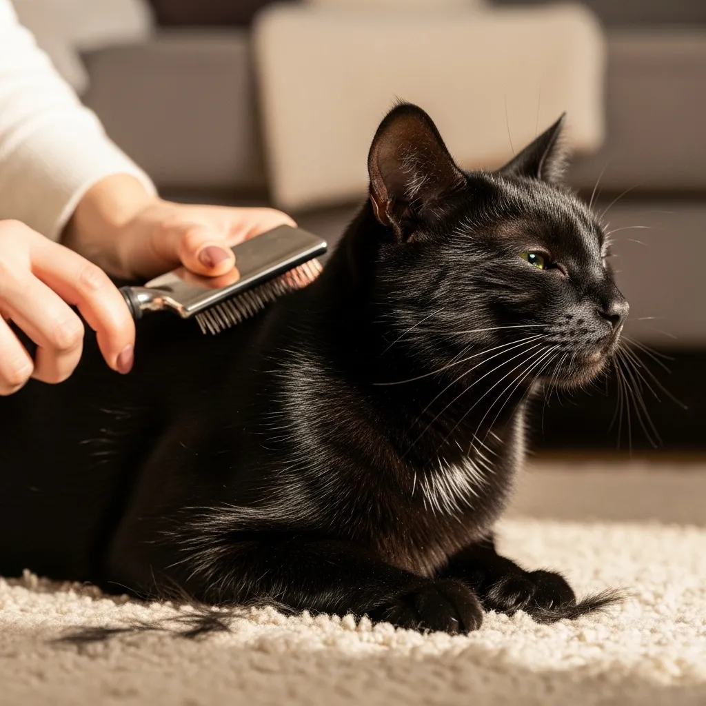 Black cat being brushed to maintain healthy cat fur and prevent black cat coat fading.