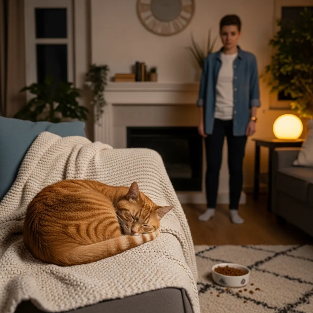  Cat sleeping on blanket next to uneaten food, highlighting cat lethargy and loss of appetite.