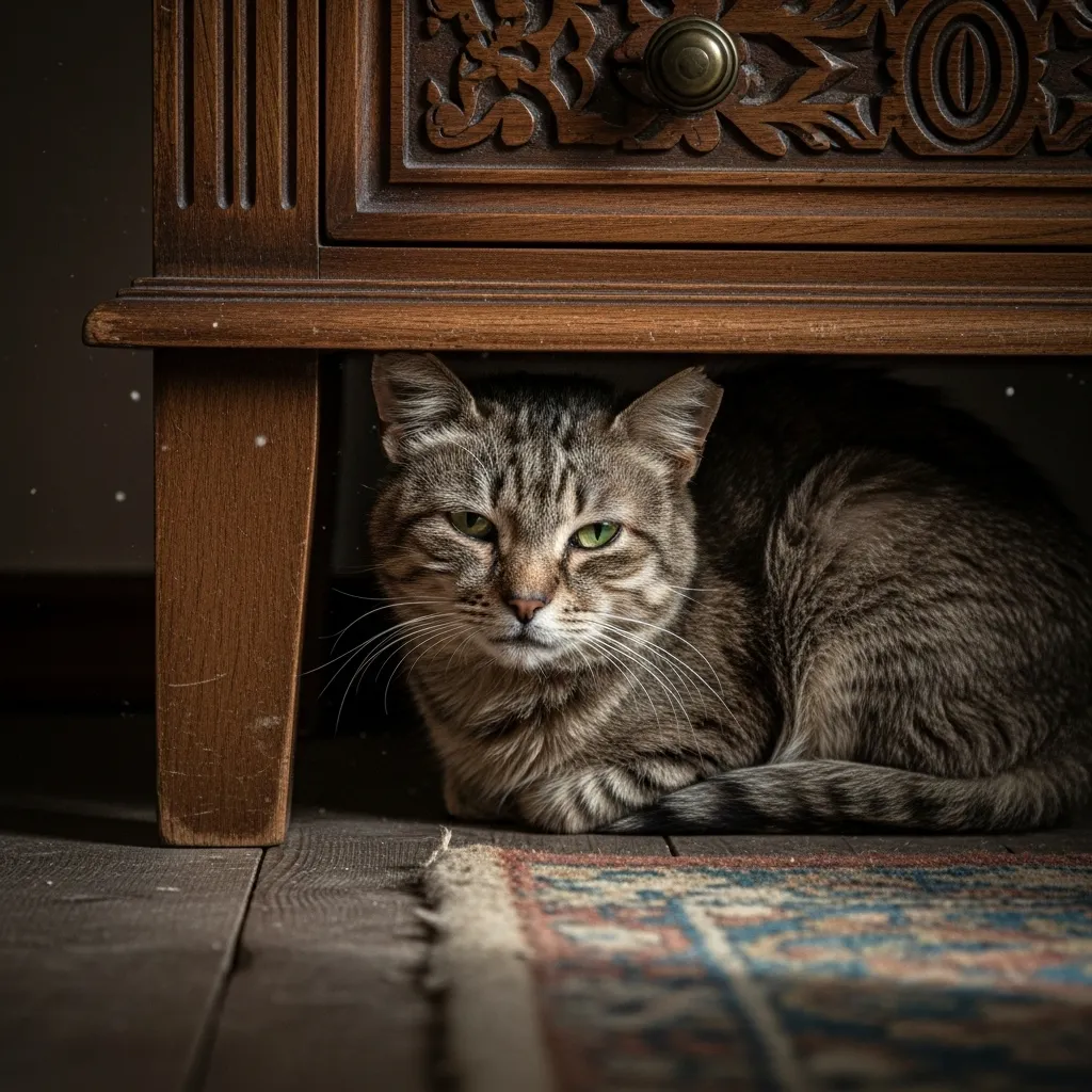 Lethargic cat hiding under furniture, showing signs of not eating and sleeping too m