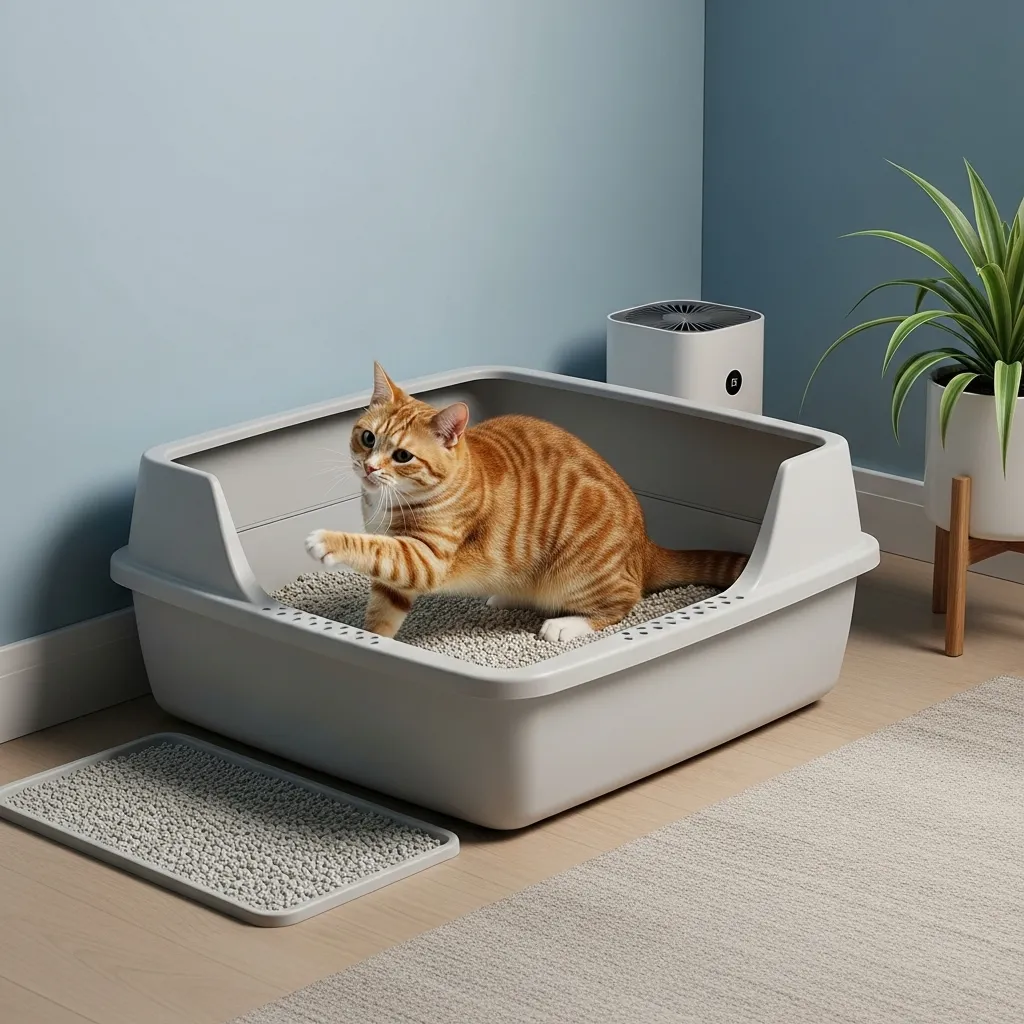 Cat using a clean litter box, preventing stress-related appetite loss.