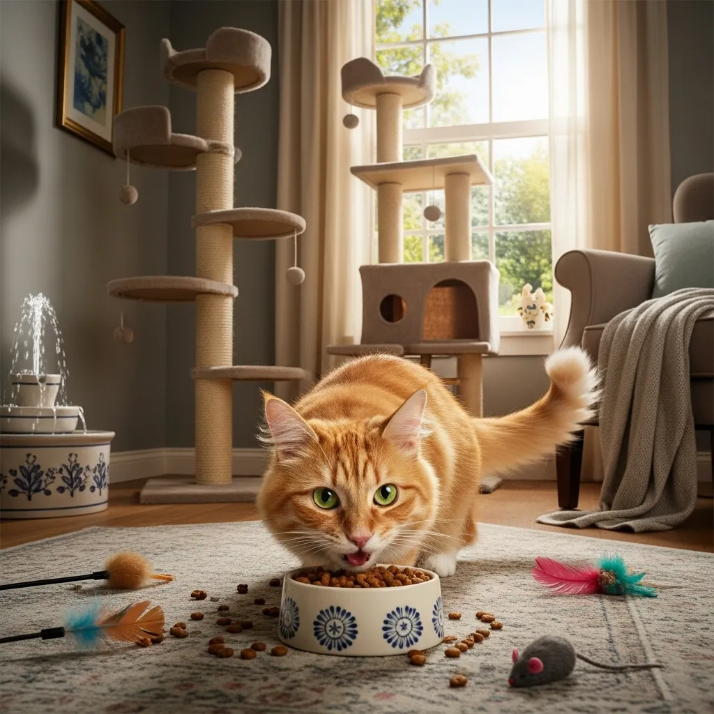  Happy cat eating in a stress-free room, demonstrating healthy cat habits.