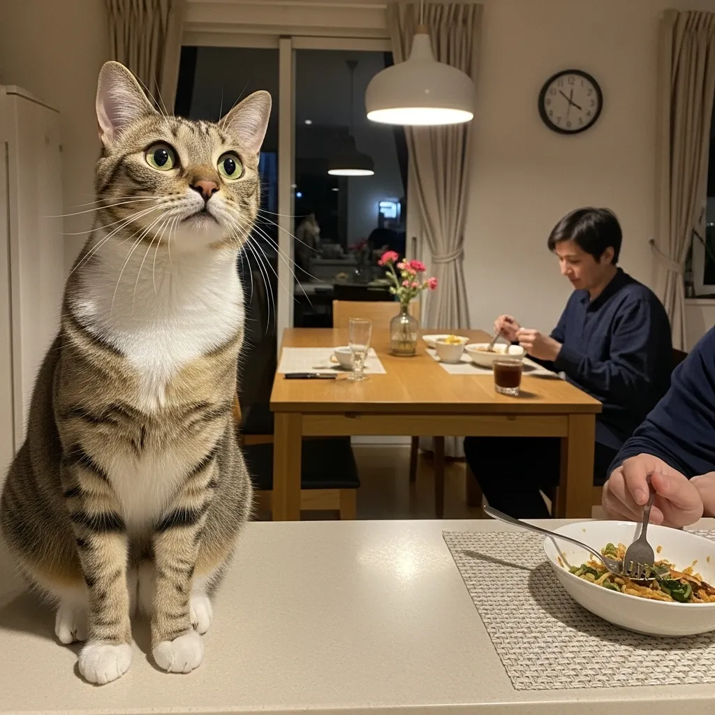 Curious cat watching owner eat dinner, showcasing feline mealtime behavior.