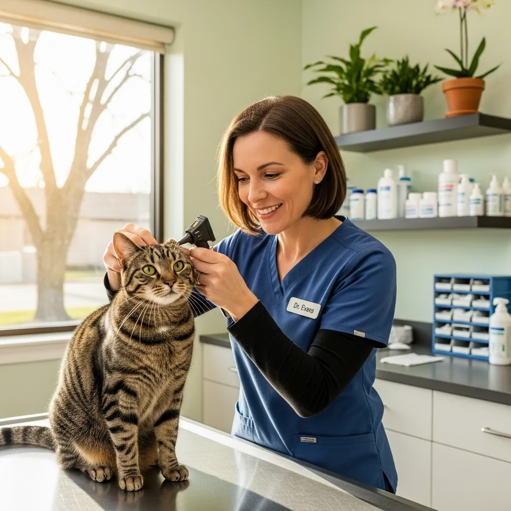 Veterinarian examining a cat for potential health issues related to feline mealtime behavior.