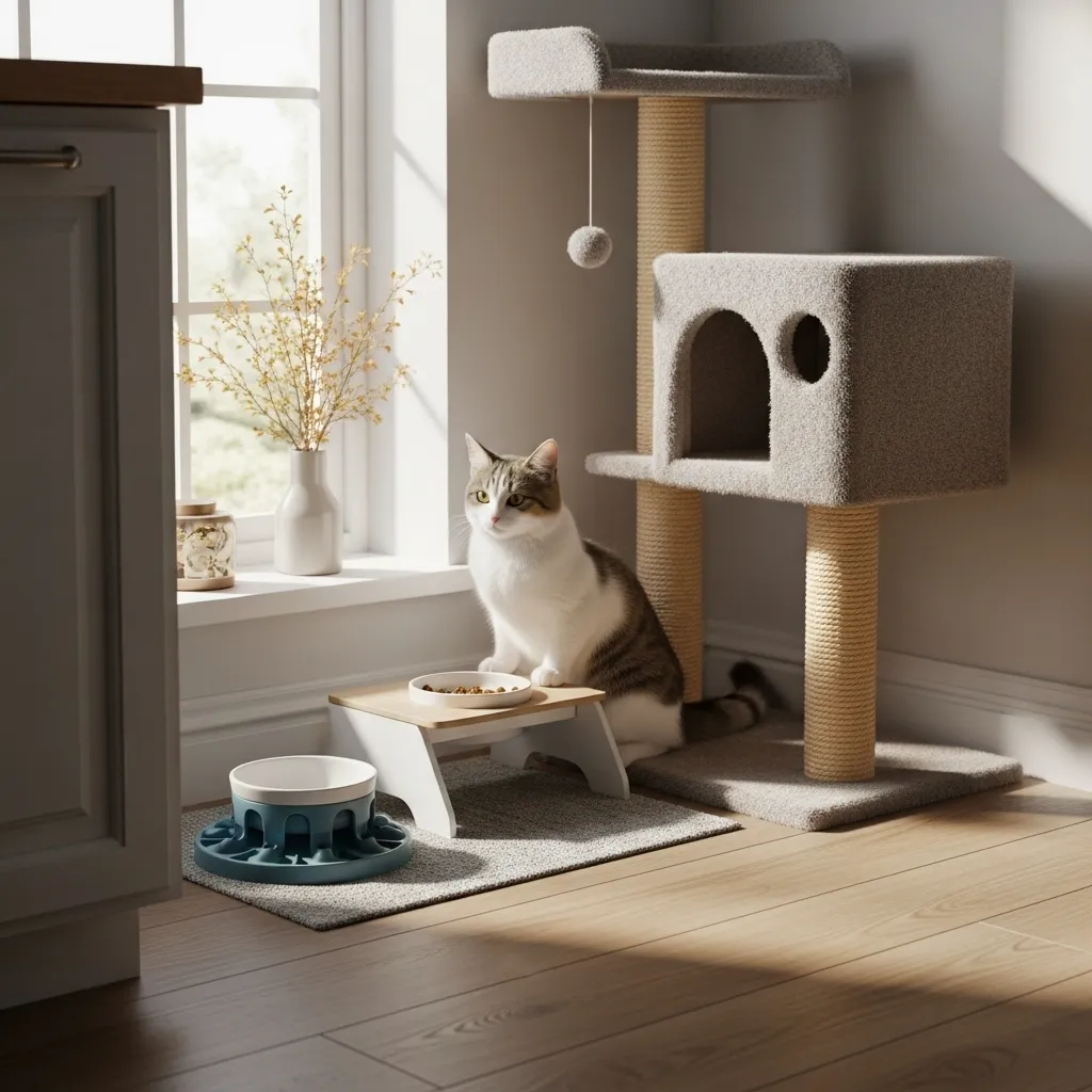 Cozy cat feeding station designed for feline mealtime rituals and comfort.