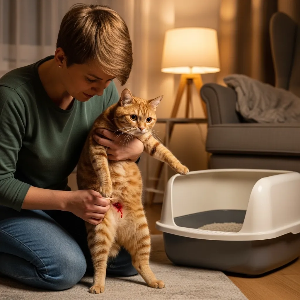 Cat owner checking for cat rectal bleeding near a litter box in a home environment.