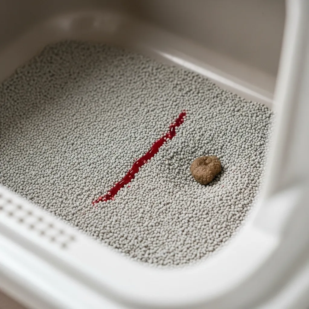 Litter box showing blood in cat stool, highlighting cat rectal bleeding symptoms.