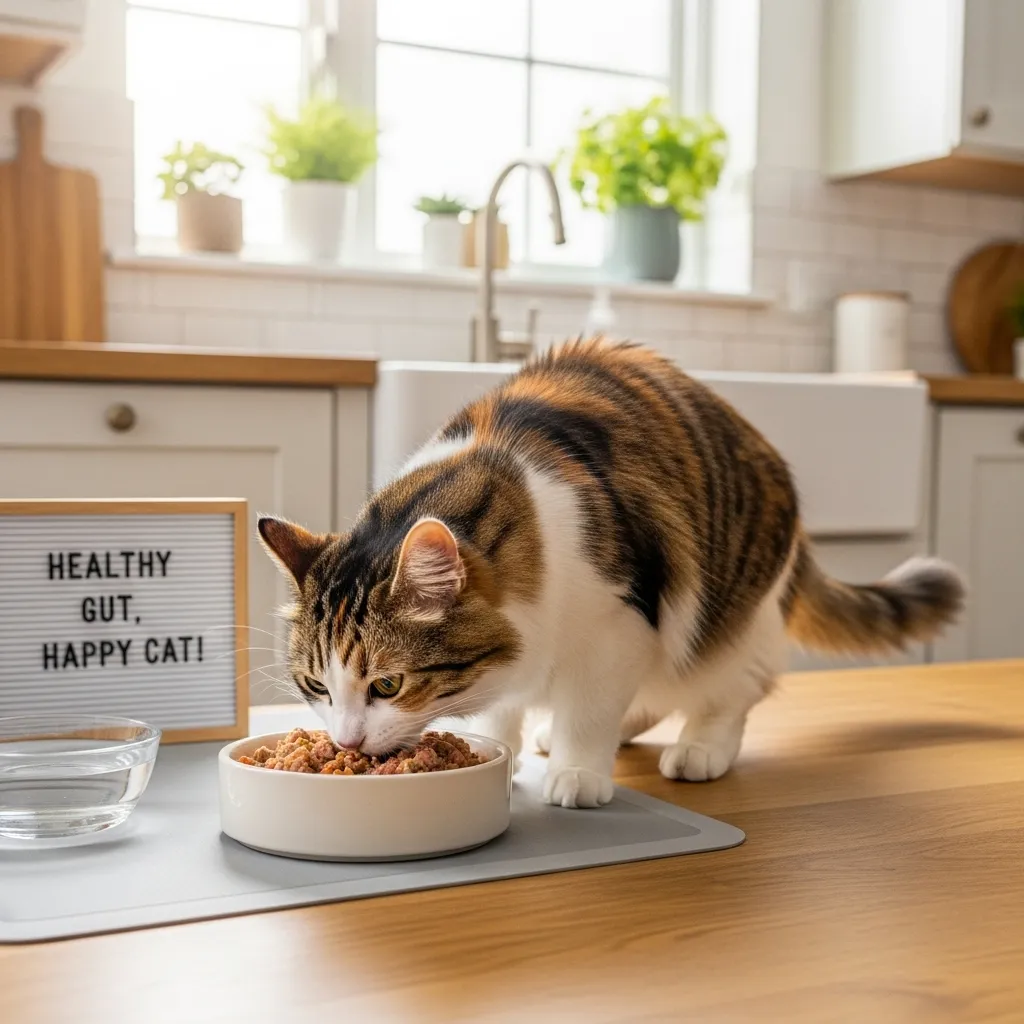  Cat eating healthy cat diet wet food to prevent cat rectal bleeding and feline rectal issues.