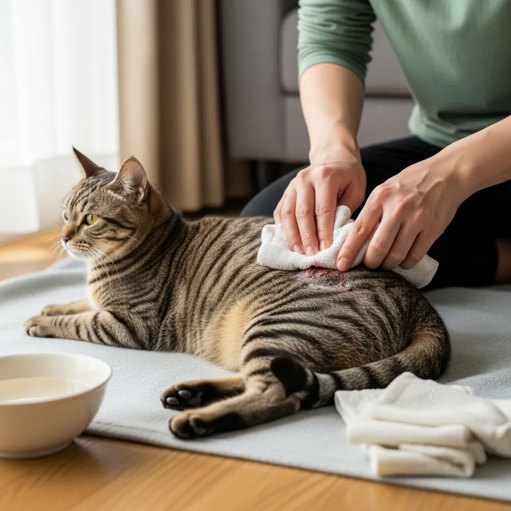 Owner cleaning blood around cat’s bottom with safe cat soap to prevent infection.